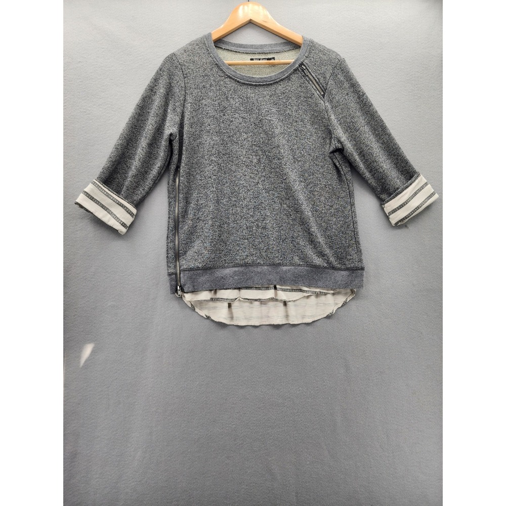 Max Jeans Grey Marled Mixed Media Zipper Sweatshirt Layered Hem Pullover Large
